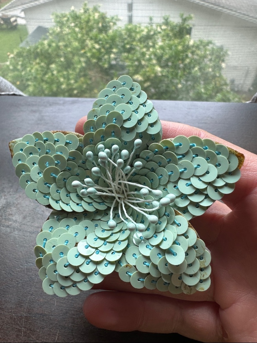 Antique Mint Sequin Flower Brooch